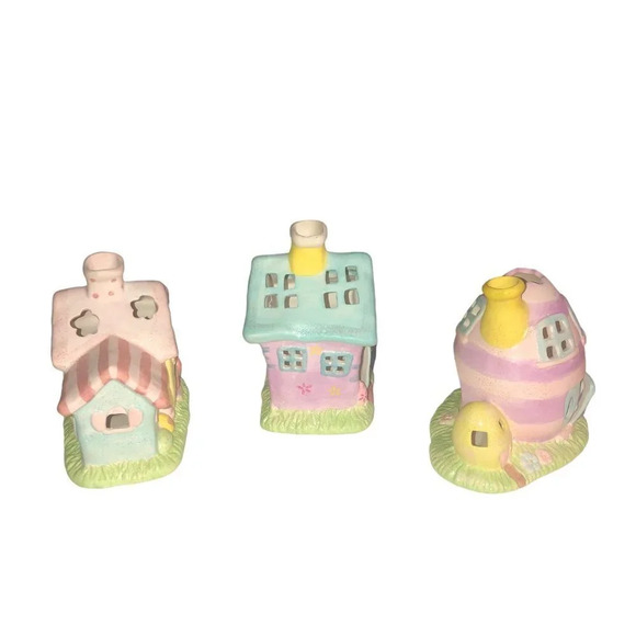 Vintage RUSS BERRIE Glitter Glam Easter Bunny Houses Votive Candle Holder Set 3 - Picture 3 of 9